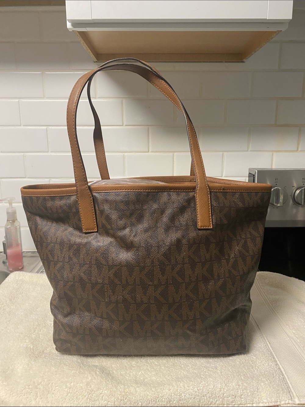 Michael Kors Brown and Tan MK Logo Tote - Picture 4 of 10
